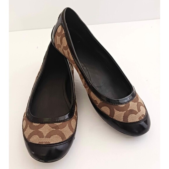 Coach Callie Ballet Flat Brown C Jacquard Blk Patent Toe/Heel Rubber Sole Sz 6.5 - Picture 2 of 10